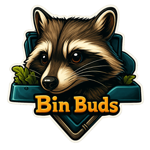 Raccoon logo for Bin Buds with cute cartoon raccoon mascot